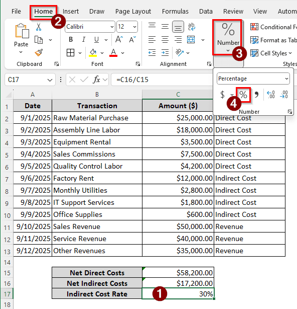 Calculating Indirect Cost Rate in Excel Against Direct Costs