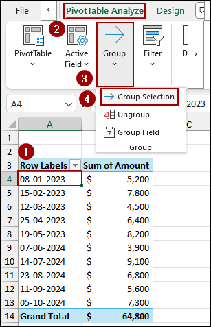 Using Group Selection Feature to Group Pivot Table Data