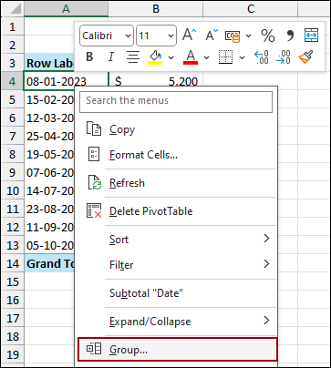 Using Group Selection Feature to Group Pivot Table Data
