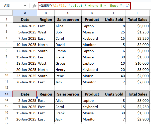 Applying QUERY Function to Filter Data Using Conditions