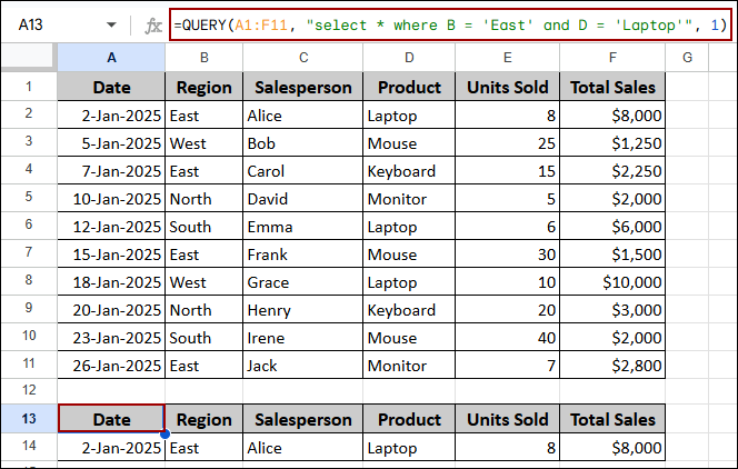 Applying QUERY Function to Filter Data Using Conditions