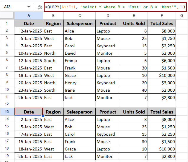 Applying QUERY Function to Filter Data Using Conditions