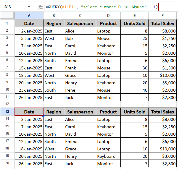 Applying QUERY Function to Filter Data Using Conditions