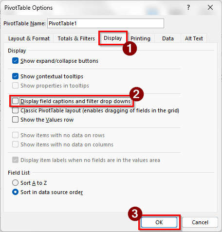 Disabling Field Captions and Filter Dropdowns to Hide Filter Arrows