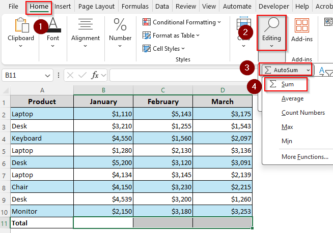 Manually Creating a Total Row with SUM or AutoSum