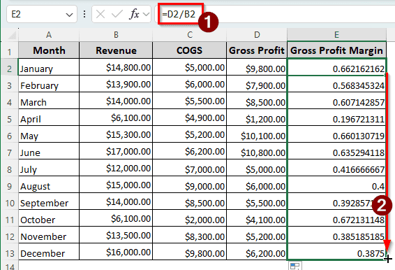 Calculating Gross Profit Margin Using Gross Profit Formula in Excel