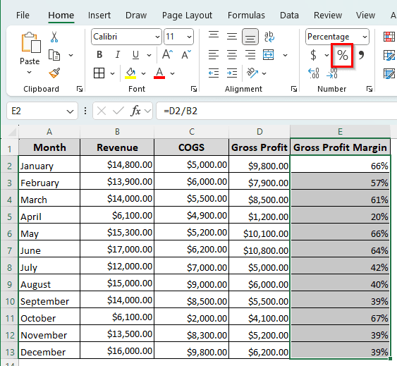 Calculating Gross Profit Margin Using Gross Profit Formula in Excel