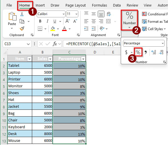Calculating the Percentage of Sales from a Table