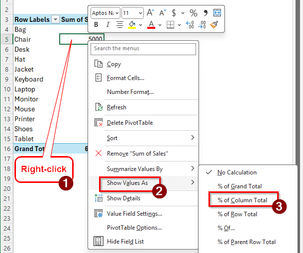 Pivot Table Percentage of Calculation in Excel