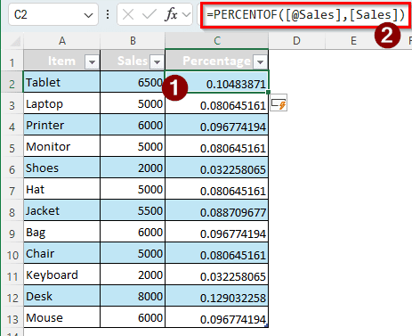 Calculating the Percentage of Sales from a Table