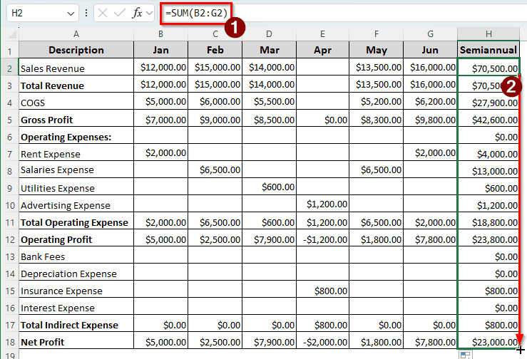 Using the Monthly Profit and Loss Statement to Create a Semiannual Profit and Loss Statement in Excel