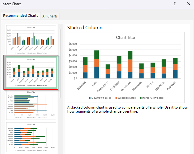 Creating a 2-D Standard Stacked Column Chart