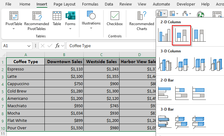 Creating a 2-D Standard Stacked Column Chart