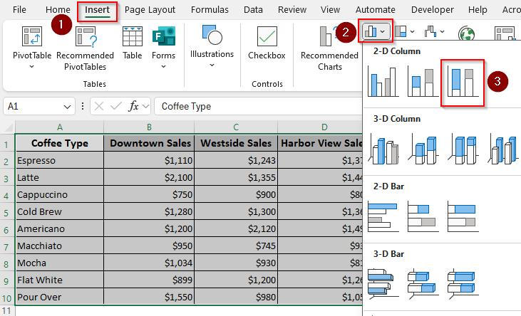 Building a 2-D 100% Stacked Column Chart
