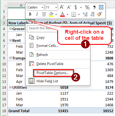 Use the PivotTable Options to Remove Grand Total