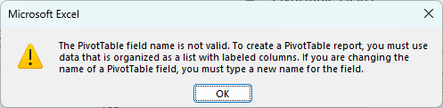 PivotTable Field Name is Not Valid