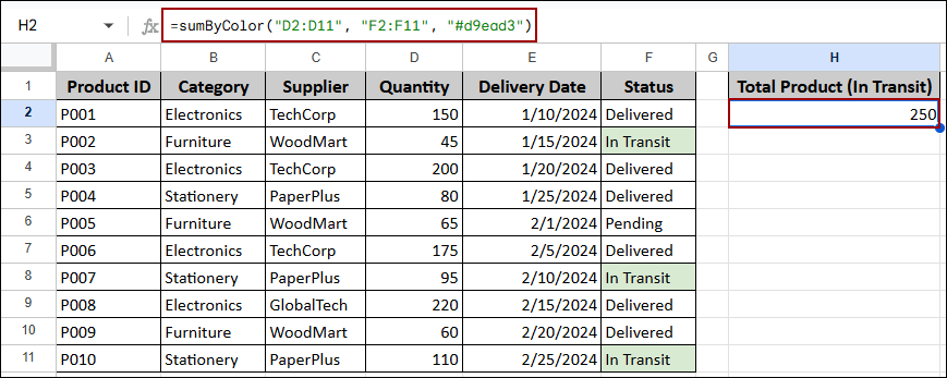 Summing Cells by Color in Google Sheets