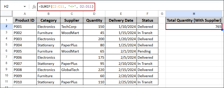 Using SUMIF Function for Non-Blank Cells