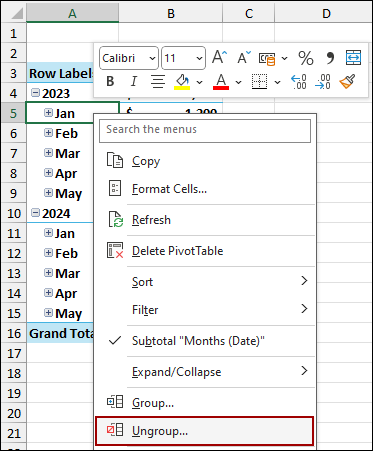 Using Ungroup Feature to Ungroup Dates
