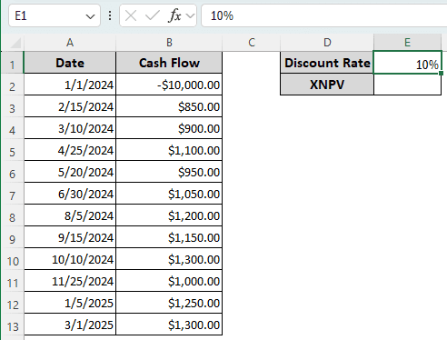 Calculating XNPV in Excel