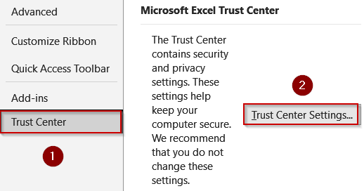 Check Trust Center and Workbook Protection