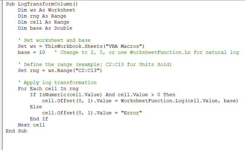 Log Transformation with VBA Automation