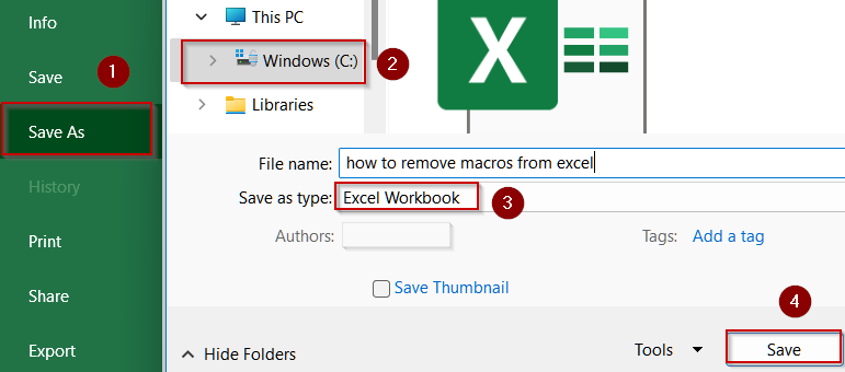 Save File as .xlsx to Delete All Macros
