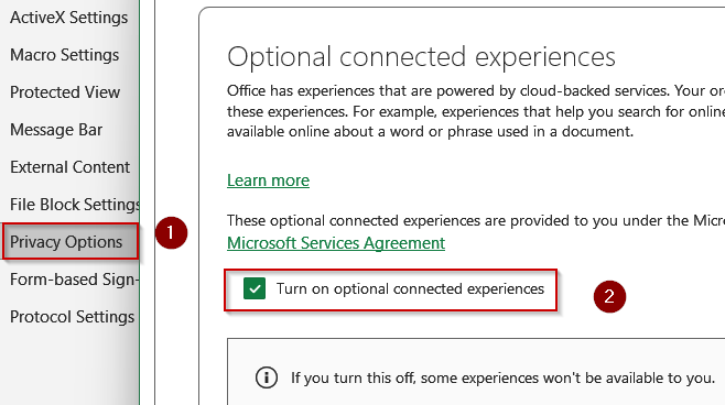 Check Trust Center and Workbook Protection