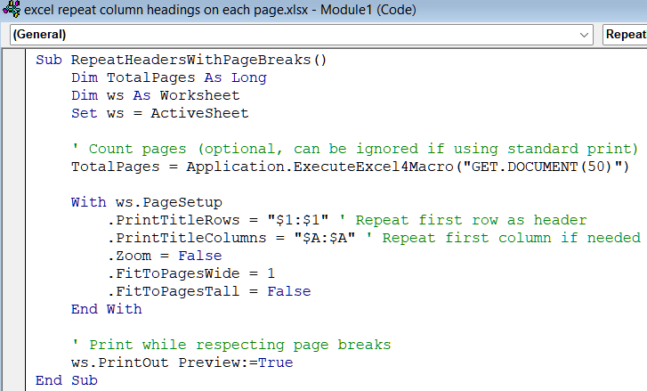 Use VBA Code to Repeat Column Headings on Each Page