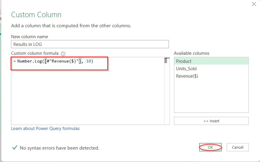 Applying Log Transformation with Power Query