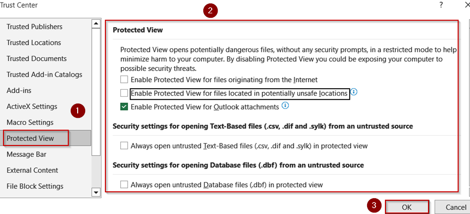 Adjust Protected View Options Using Trust Center Settings