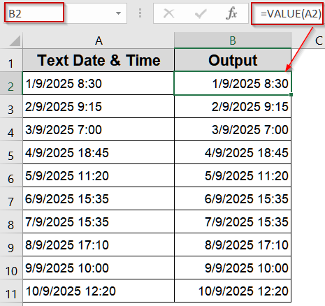 Apply the VALUE Function to Convert Text to Date and Time