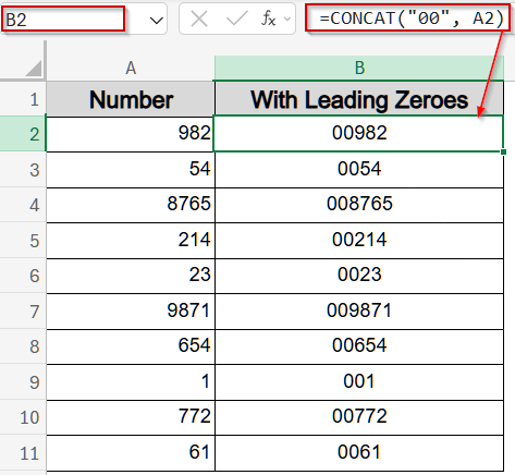 Make Use of CONCAT or CONCATENATE Function to Prefix Zeros