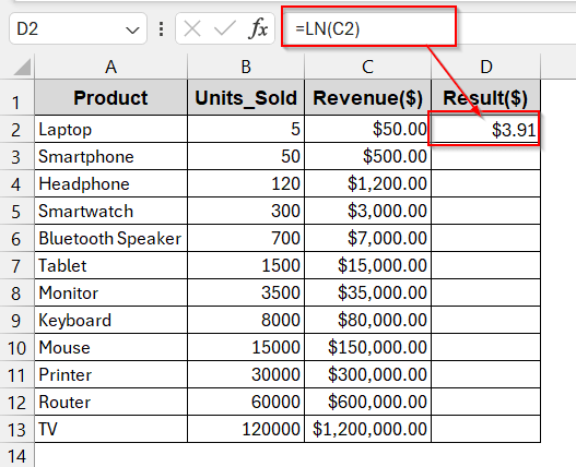 Working with the LN Function for Natural Log (Base e)