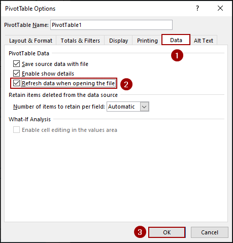 Using PivotTable Options Feature to Refresh Pivot Table When Opening the File