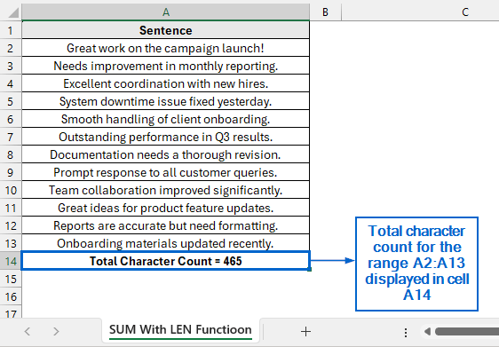 Count Total Characters in a Range Using SUM with LEN