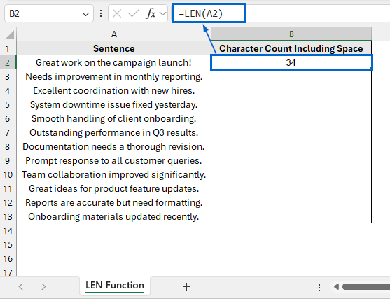 Use the LEN Function to Count Characters Including Spaces