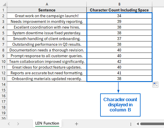 Use the LEN Function to Count Characters Including Spaces