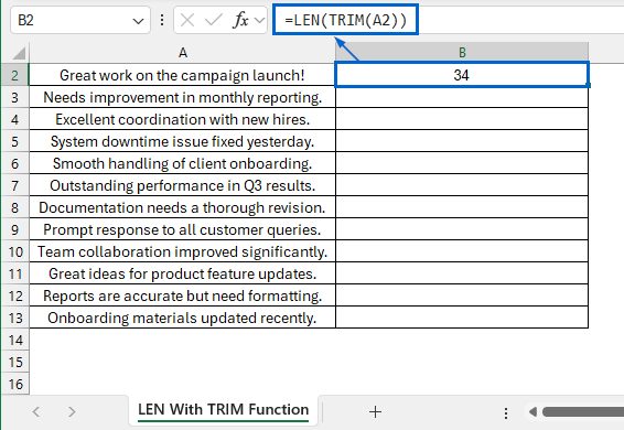 Count Characters Without Extra Spaces Using LEN with TRIM