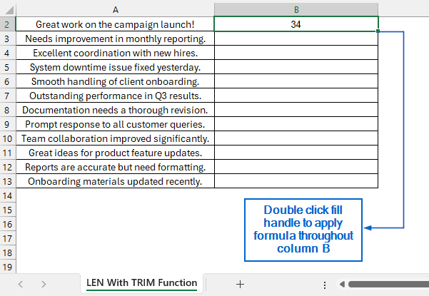 Count Characters Without Extra Spaces Using LEN with TRIM
