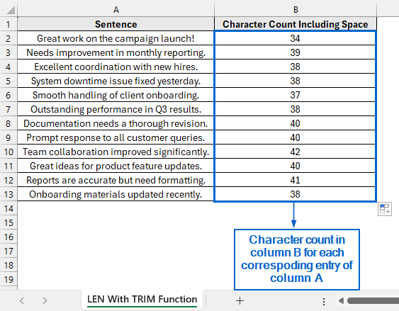 Count Characters Without Extra Spaces Using LEN with TRIM