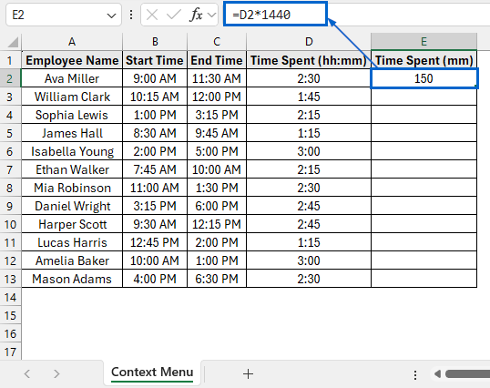 Convert Hour to Minute by Formatting Cells with Context Menu