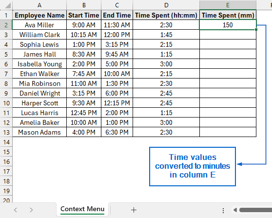 Convert Hour to Minute by Formatting Cells with Context Menu