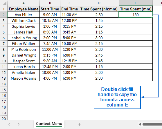 Convert Hour to Minute by Formatting Cells with Context Menu