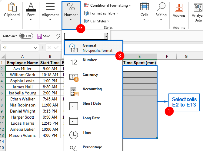 Format Cells with Main Menu and Convert Hour to Minute