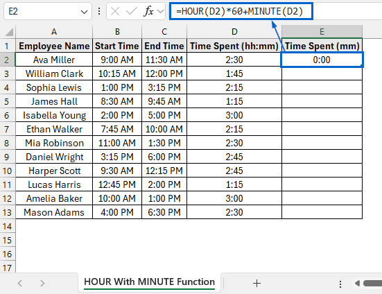 Convert Hours to Minutes Using HOUR and MINUTE Functions