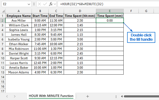 Convert Hours to Minutes Using HOUR and MINUTE Functions