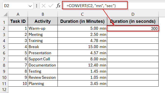 Minute Conversion to Seconds with the CONVERT Function