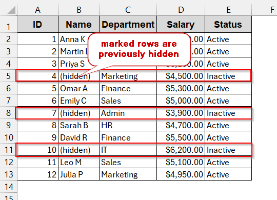 Manually Delete Hidden Rows in Small Worksheets