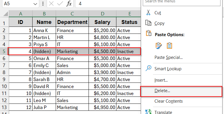 Manually Delete Hidden Rows in Small Worksheets